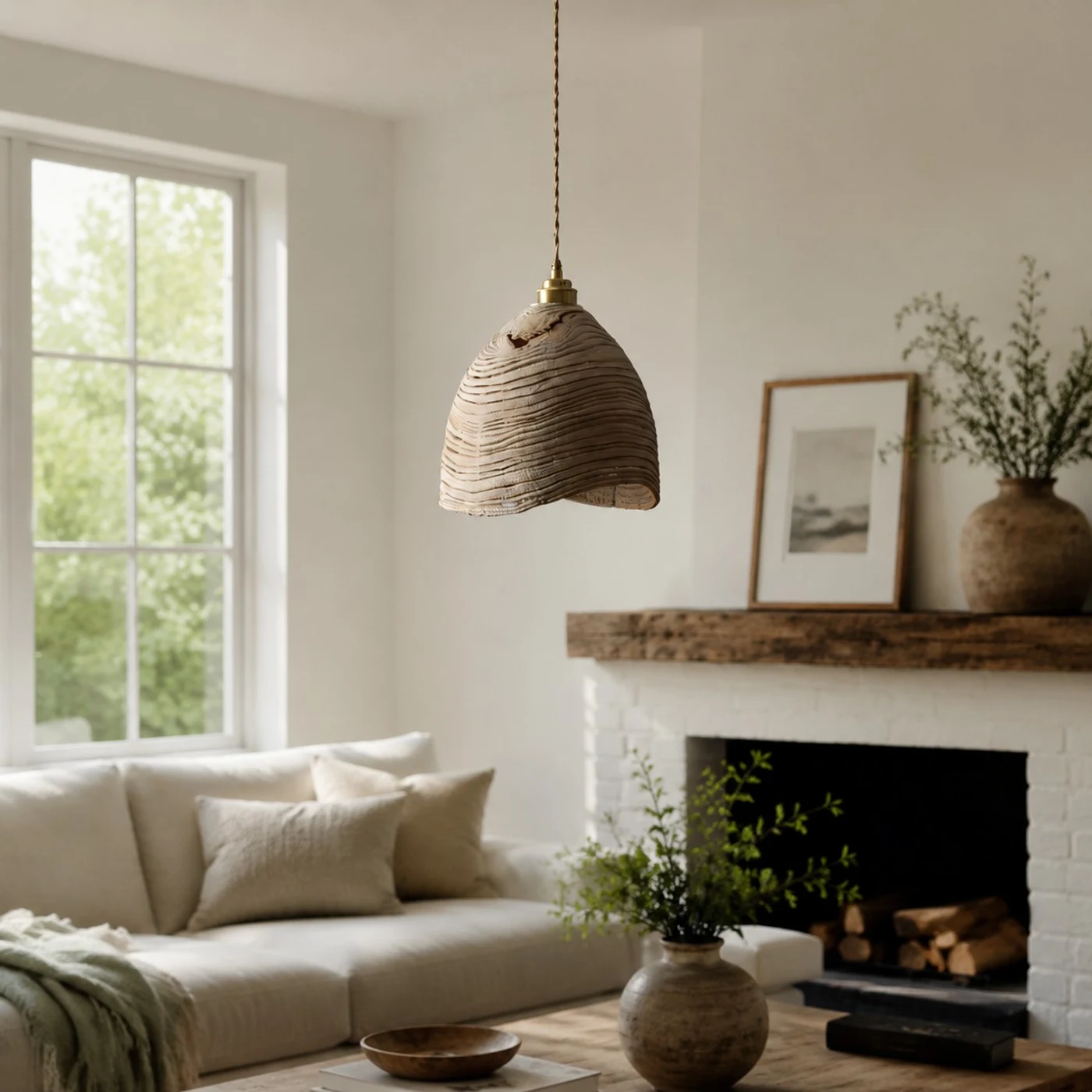 Wooden pendant light in living room scene