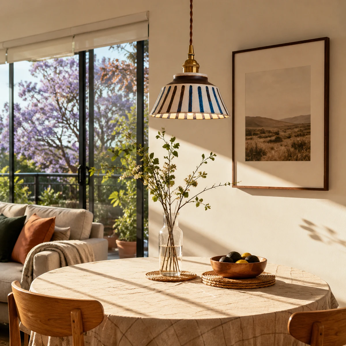 Striped ceramic pendant lamp in a sunlit dining nook
