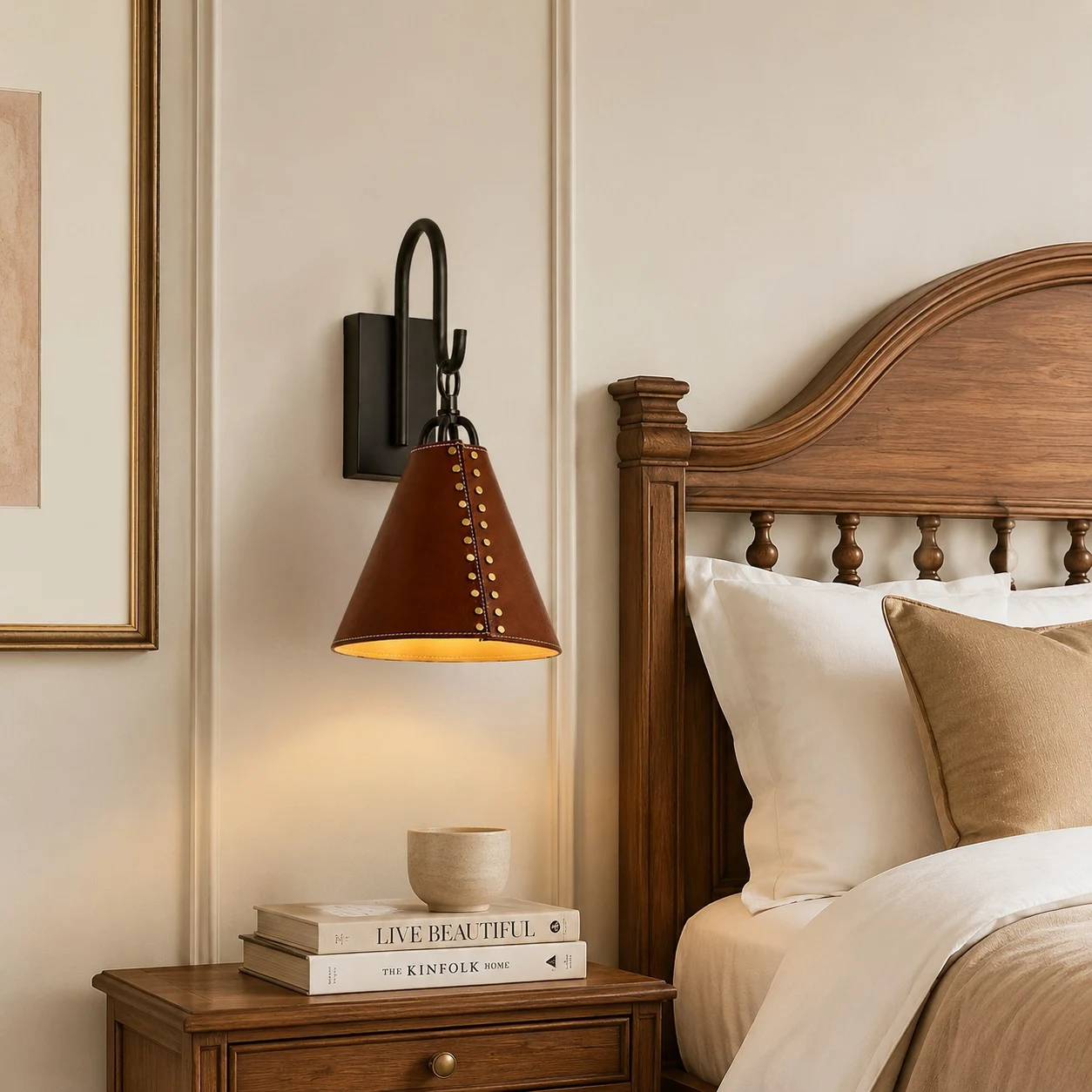 Black and red leather wall sconce installed above a bedside table in a warm bedroom