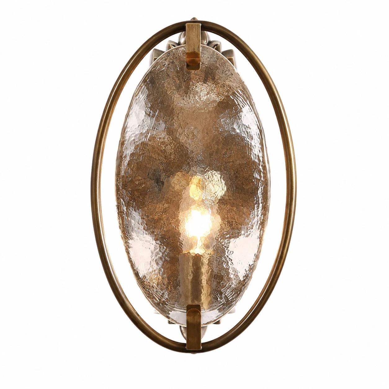 Antique brass textured glass wall sconce on a white background