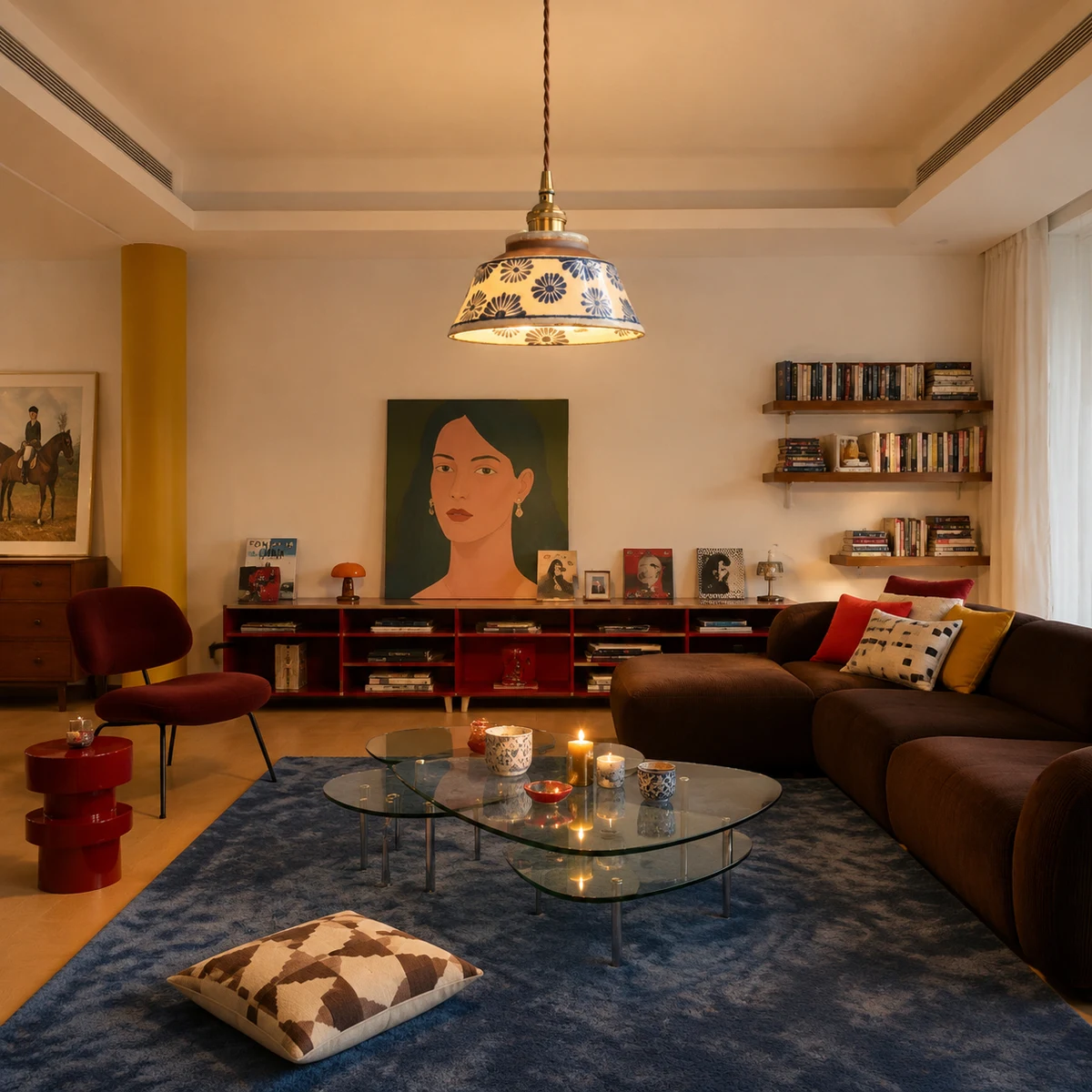 Blue and white ceramic pendant lamp glowing in a warm living room
