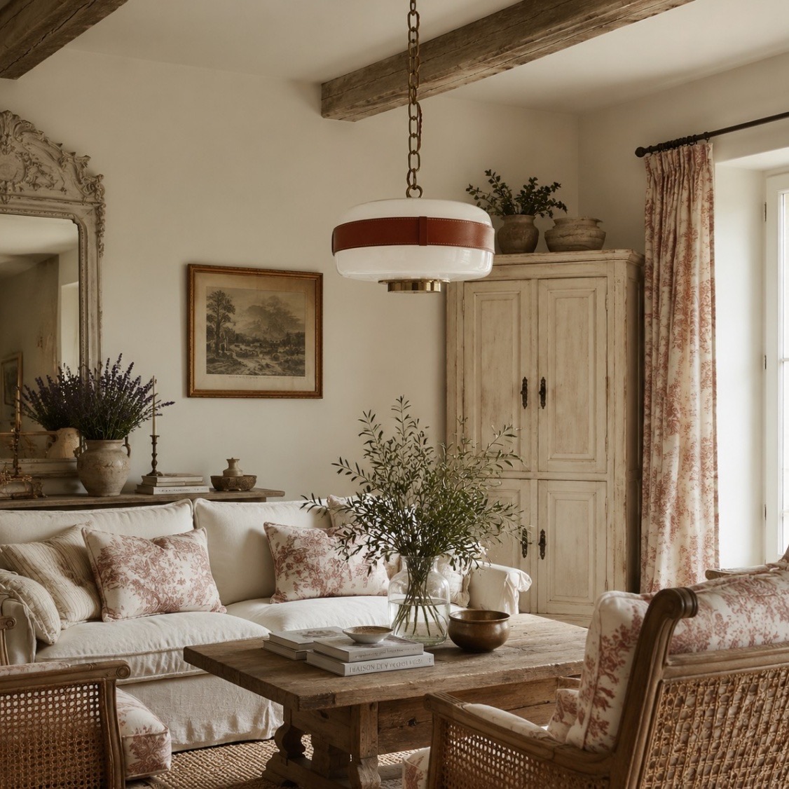 Milky white glass pendant light above a seating area