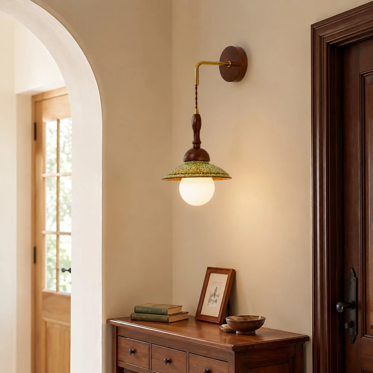 Japanese vintage wall sconce installed in an entry hallway beside a wooden door