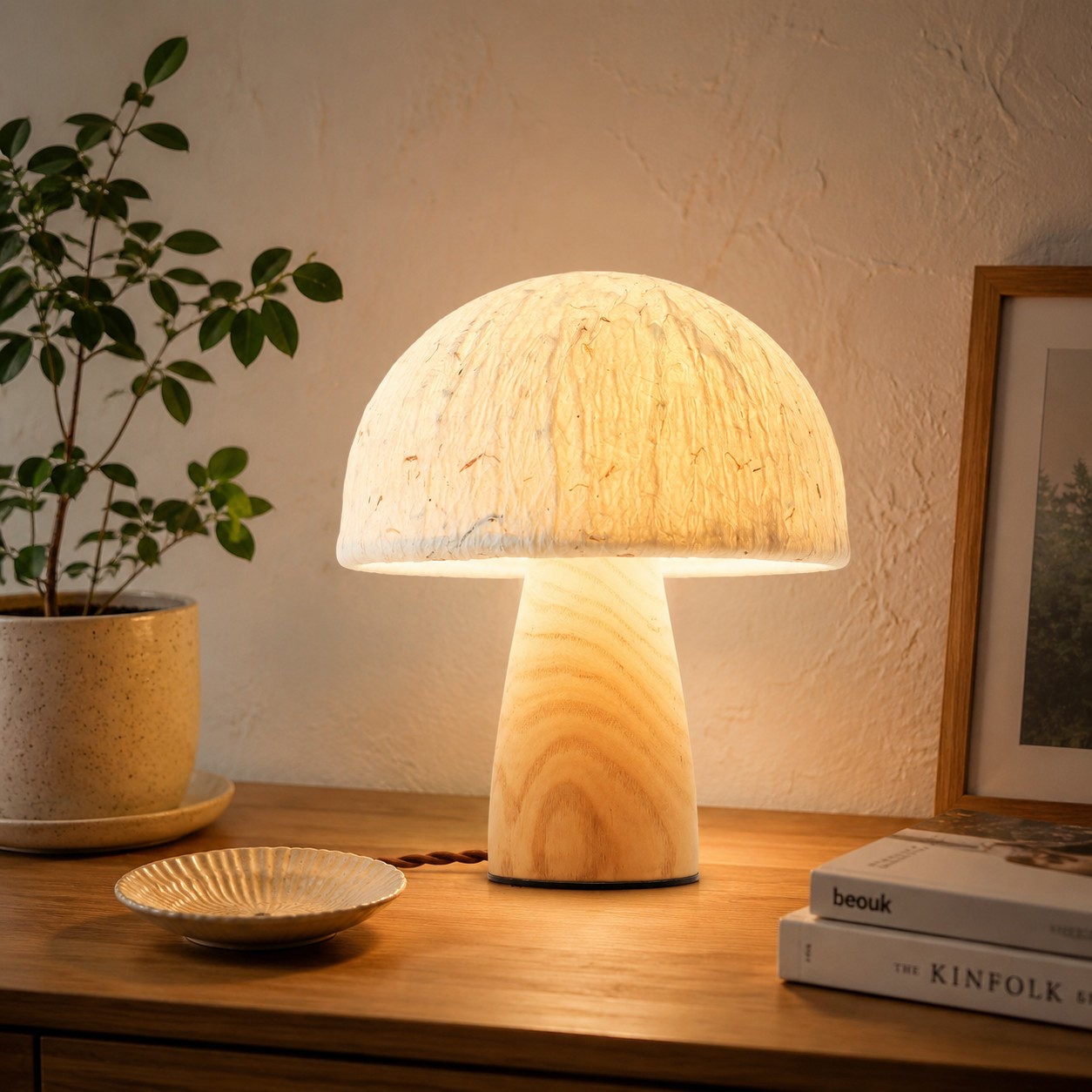 Mushroom table lamp styled with plants and books