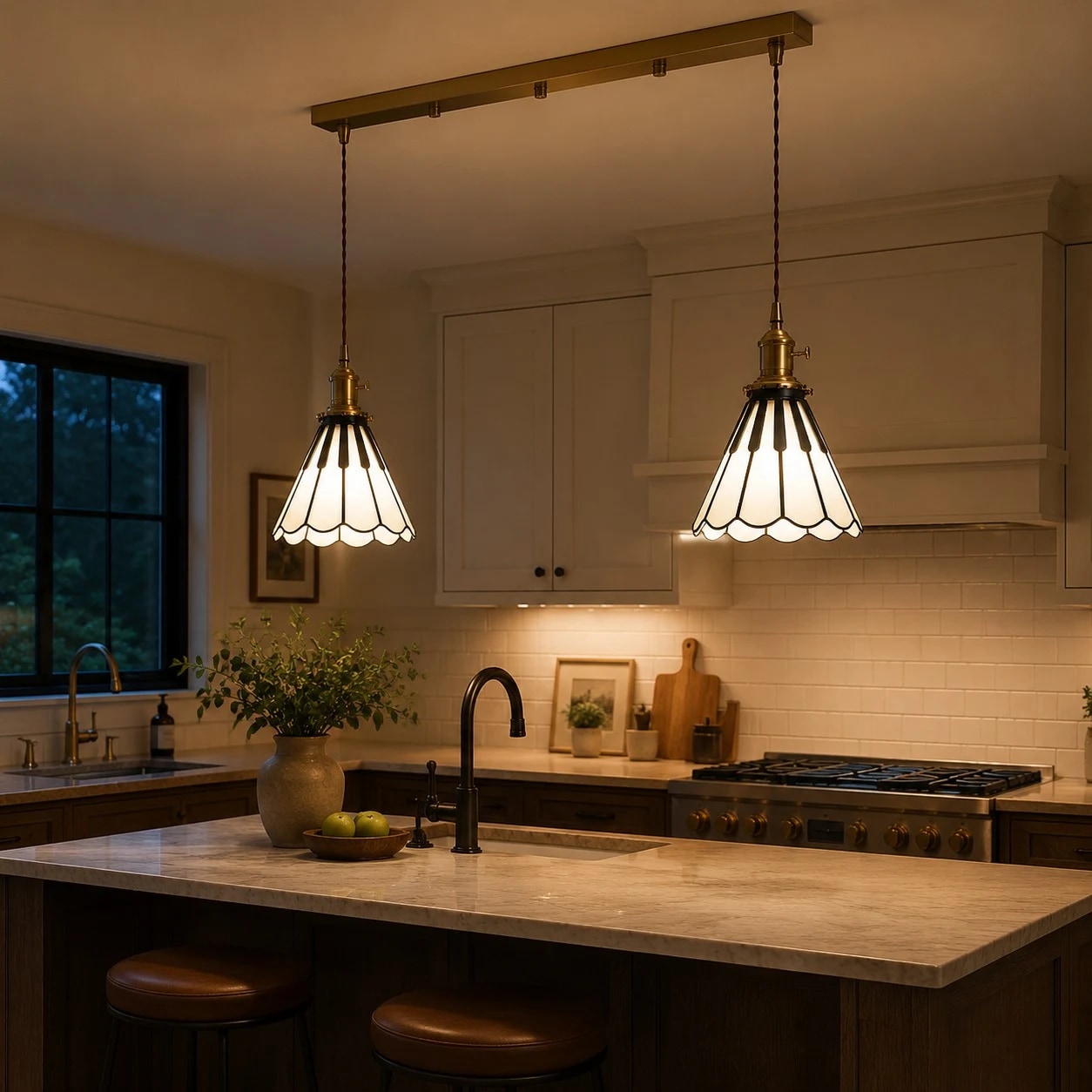 Double fluted pendants in a warm kitchen