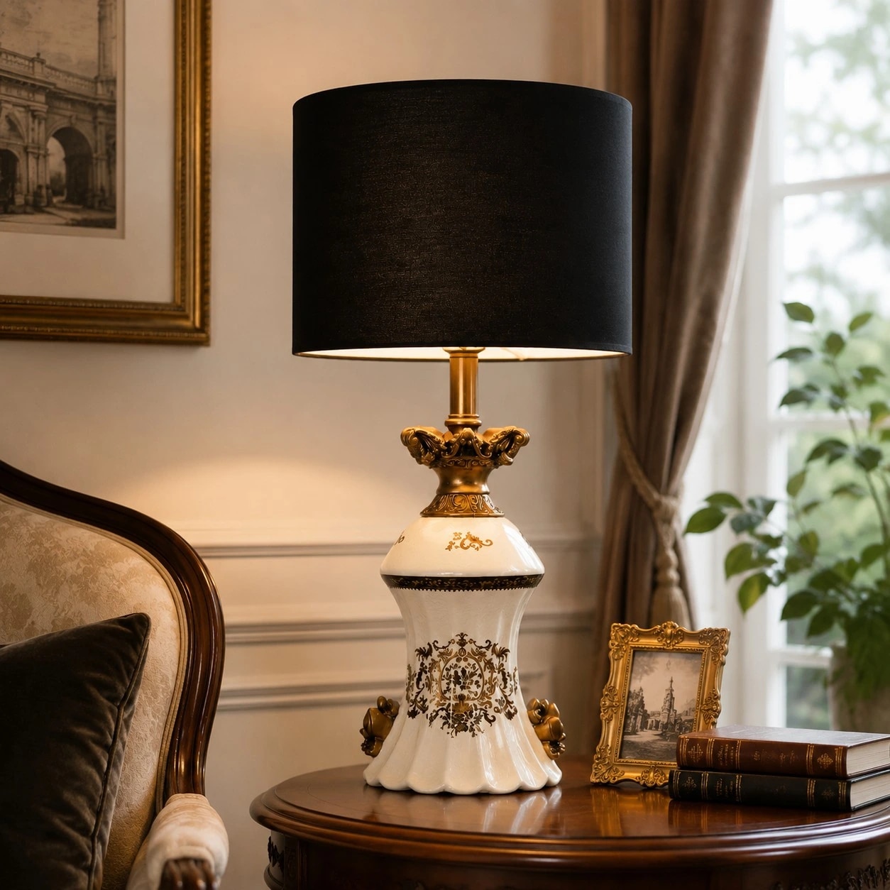 Gold motif table lamp styled beside an upholstered chair