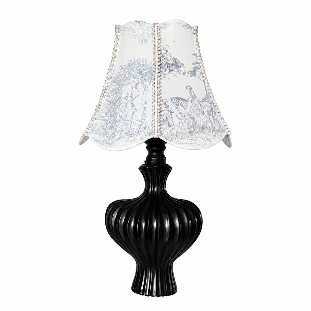 French vintage table lamp with printed fabric shade and black base