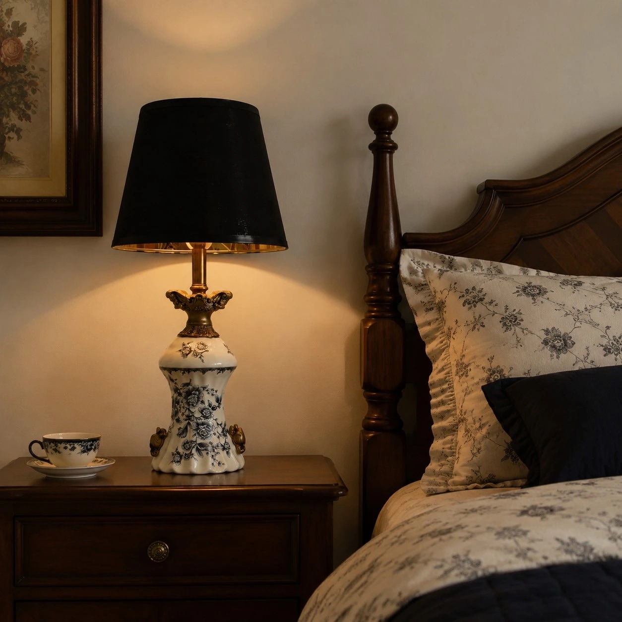 Blue porcelain motif table lamp beside a wooden bed