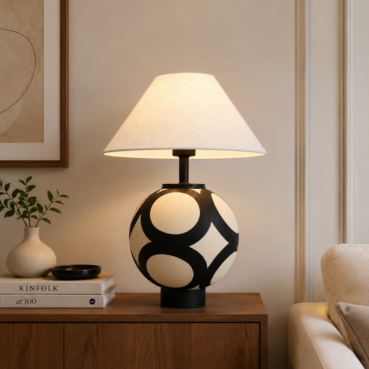 ceramic globe table lamp on living room console