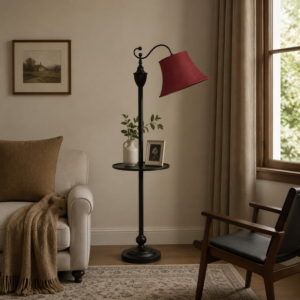 Burgundy shade floor lamp beside a sofa in a warm reading corner