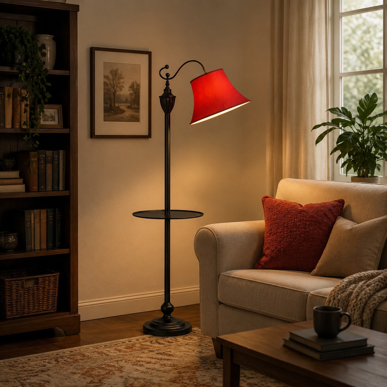 Burgundy fabric shade floor lamp glowing beside a sofa and coffee table