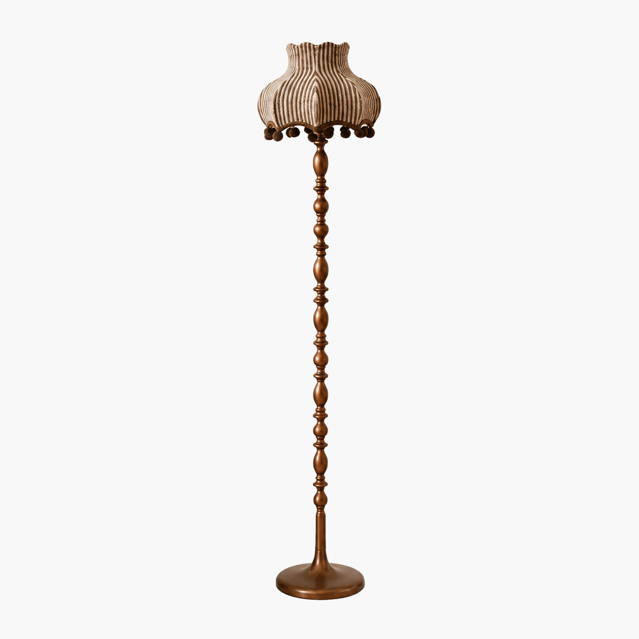 Full view of vintage floor lamp with brown vertical striped fabric shade