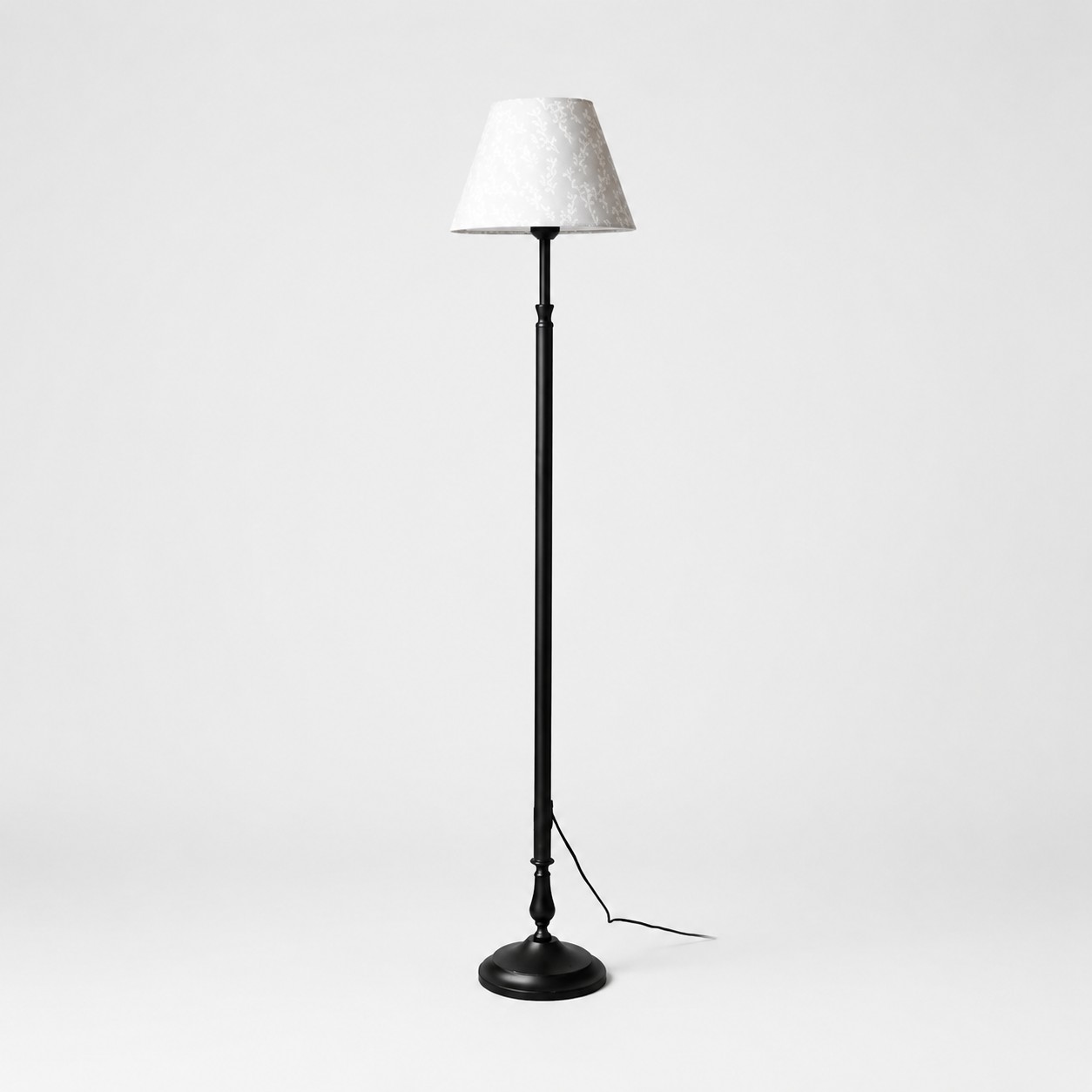 Vintage black iron floor lamp with bluebird patterned shade