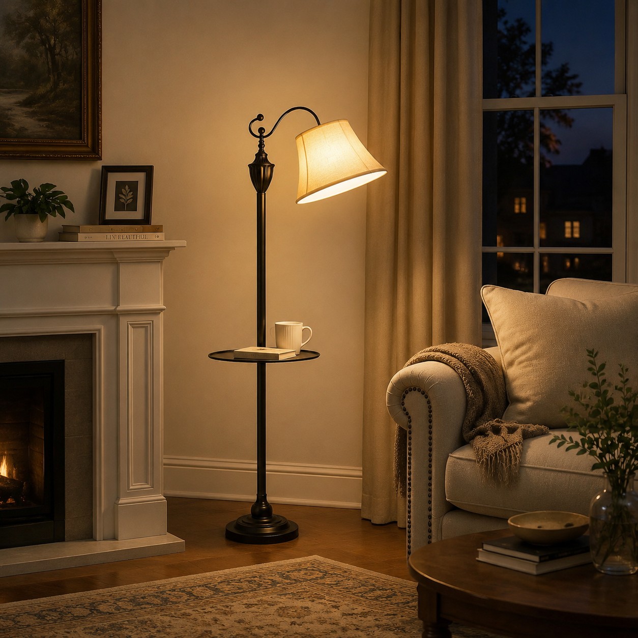 Beige shade floor lamp glowing in a classic living room near a fireplace