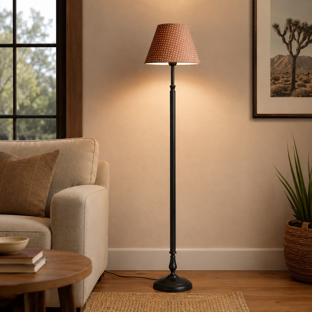 Black iron floor lamp displayed in a warm neutral interior